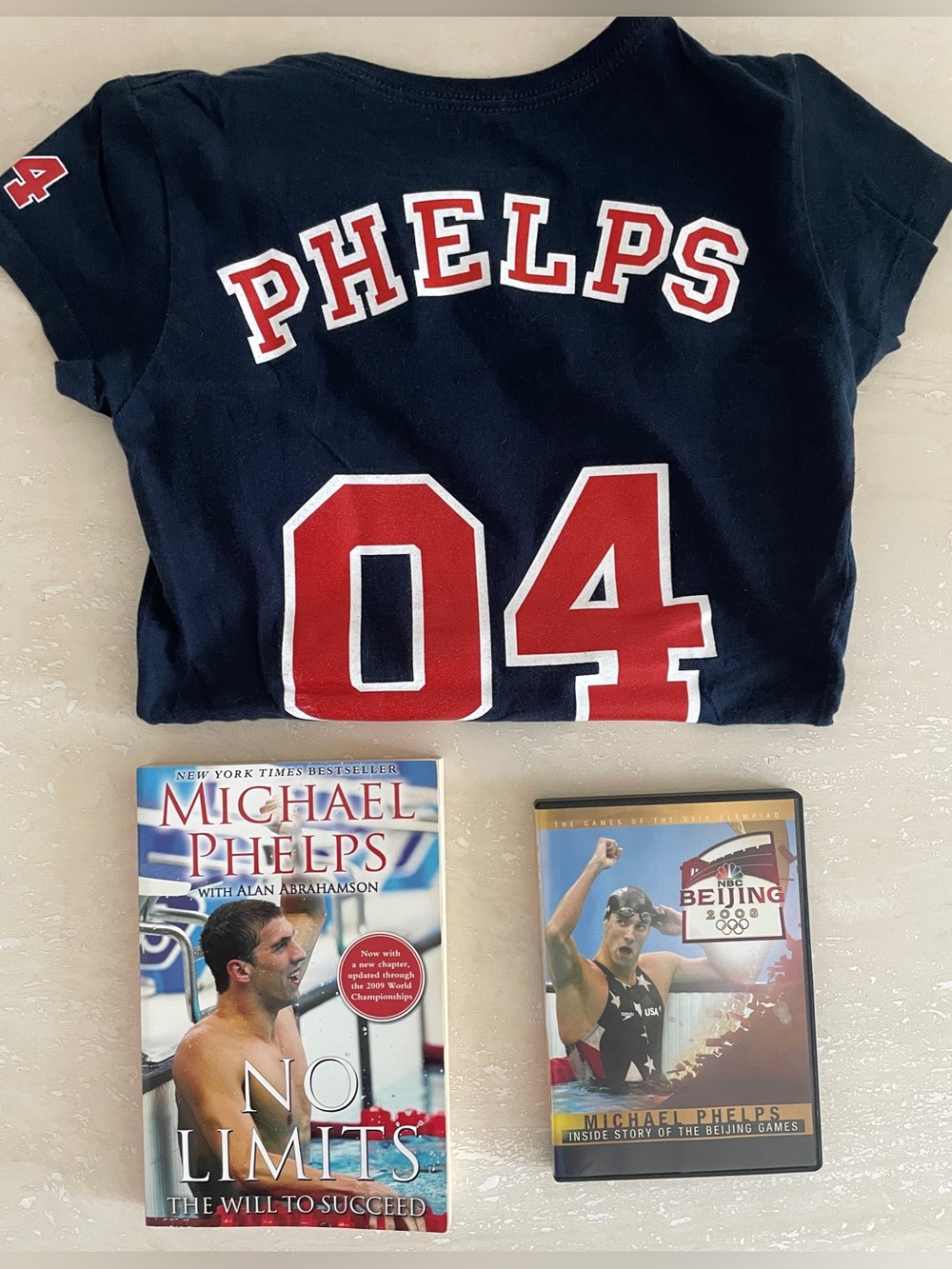 Michael Phelps No Limits Book + Beijing 2008 DVD Combo + T-Shirt Swim Swimming